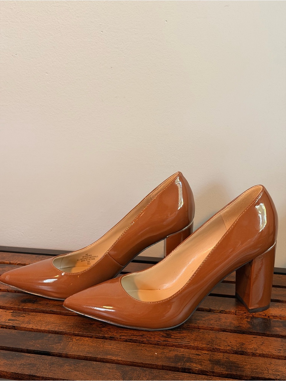Marc Fisher Glossy Tan Patent Block Heel Pumps